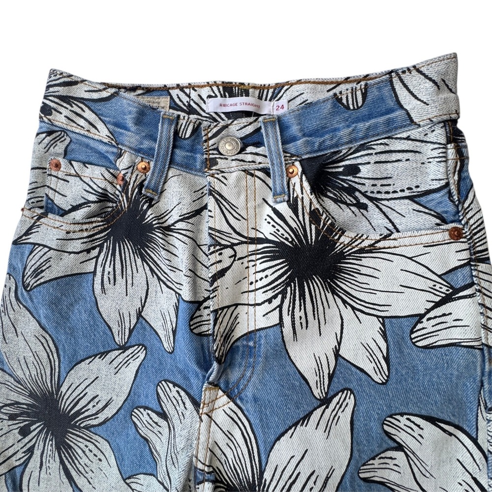 Levis x Farm Rio Ribcage Straight Jeans Womens 24 Blue Tropical Ankle High Rise - Picture 4 of 15